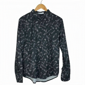 NIZHESI WOMEN'S Black Long Sleeve Button Up Clothes Pin Graphic Print Shirt US L